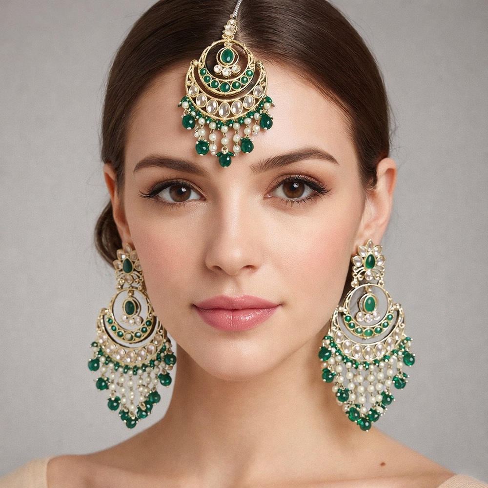 Green Polki Chandbali Earrings & Maang Tikka Set – Kundan & Pearl Jewelry